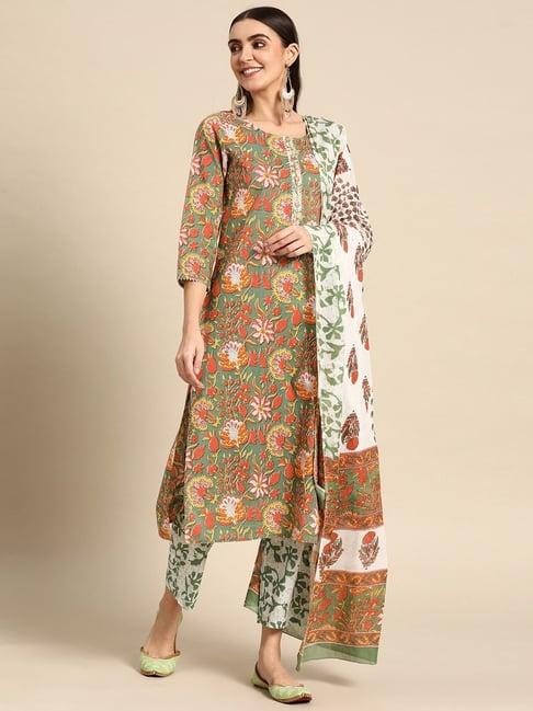 prakrti green & white cotton printed kurta pant set with dupatta