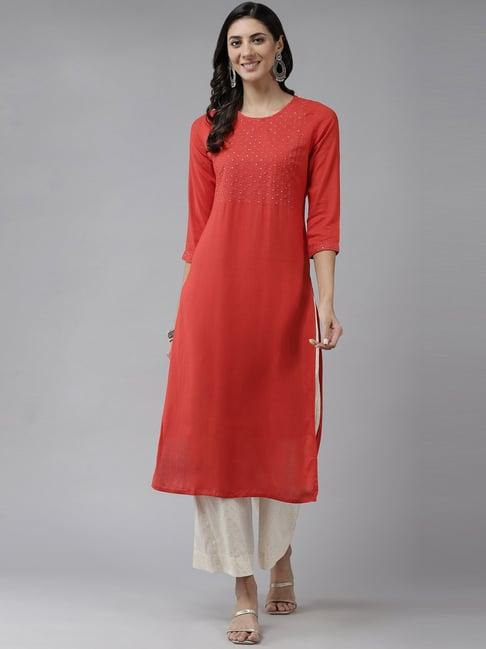 prakrti coral embroidered straight kurta