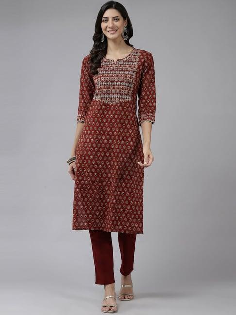 prakrti maroon cotton printed straight kurta