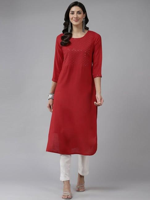 prakrti red embroidered straight kurta