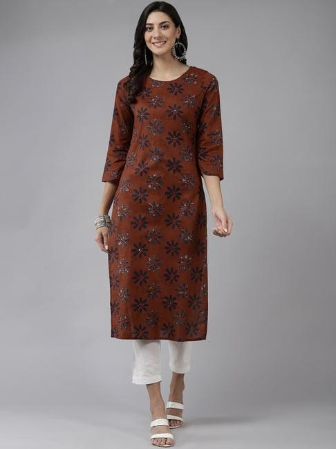 prakrti brown cotton printed straight kurta