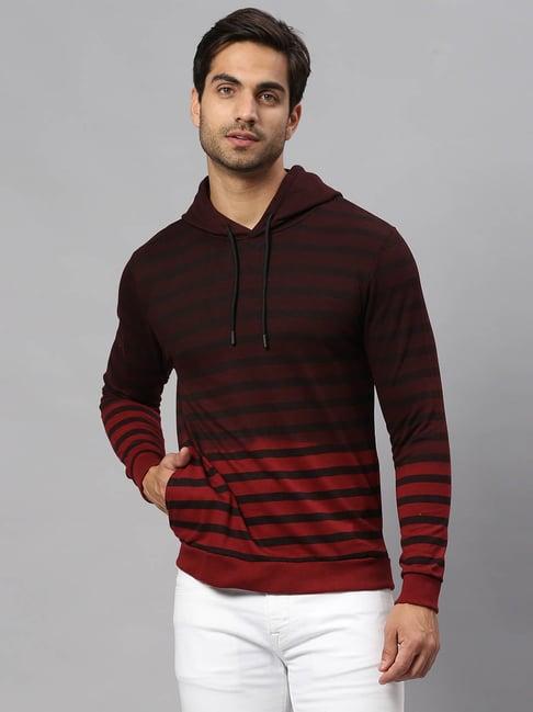 high star maroon regular fit striped hooded sweatshirt