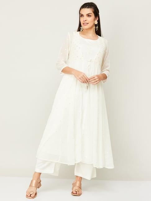 melange by lifestyle white embellished kurta palazzo set with shrug