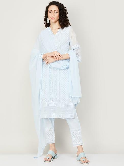 melange by lifestyle blue embroidered kurta pant set with dupatta