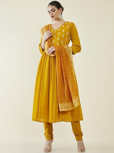 soch mustard embroidered kurta churidar set with dupatta