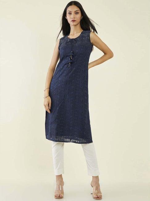 soch blue embroidered straight kurta