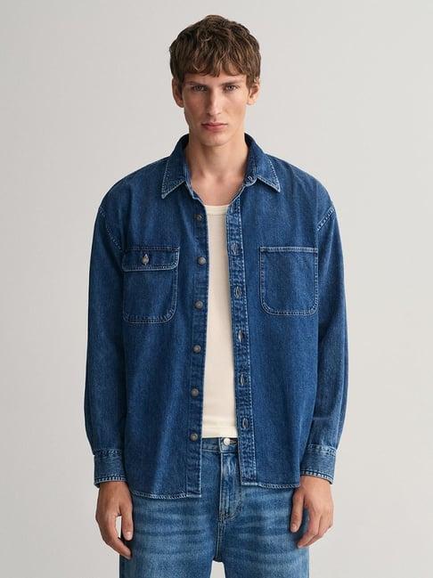 gant blue cotton comfort fit denim shirt