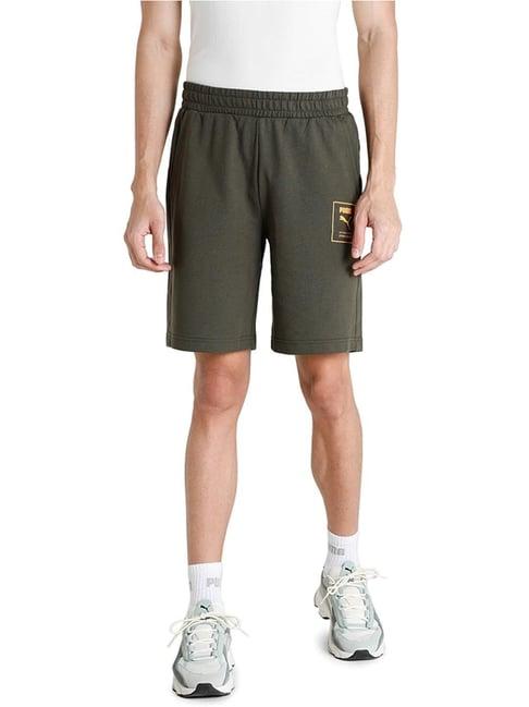 puma green cotton slim fit printed shorts