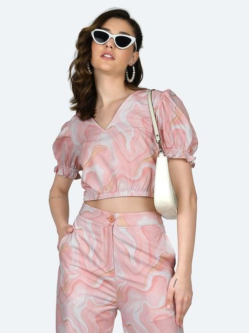 zink london peach & white printed crop top