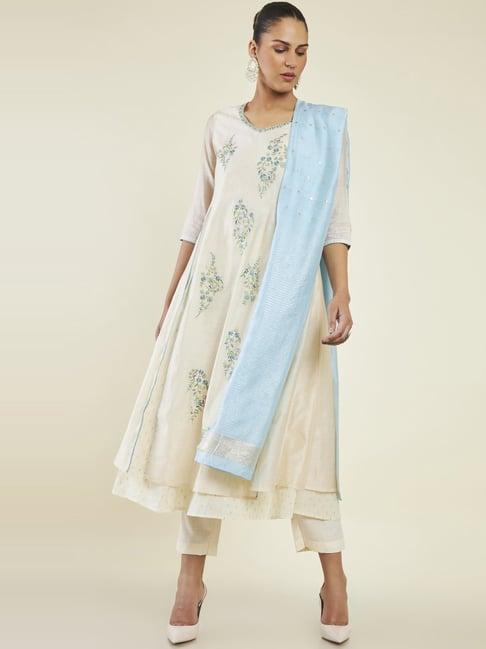 soch off-white cotton embroidered kurta pant set with dupatta