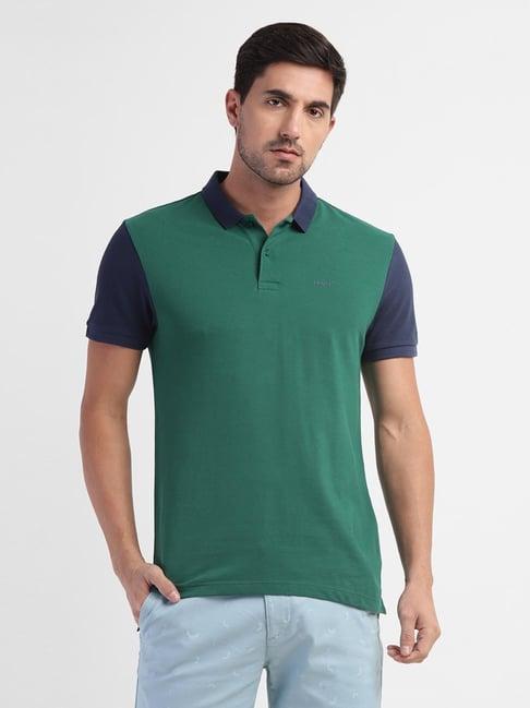 levi's green cotton regular fit colour block polo t-shirts