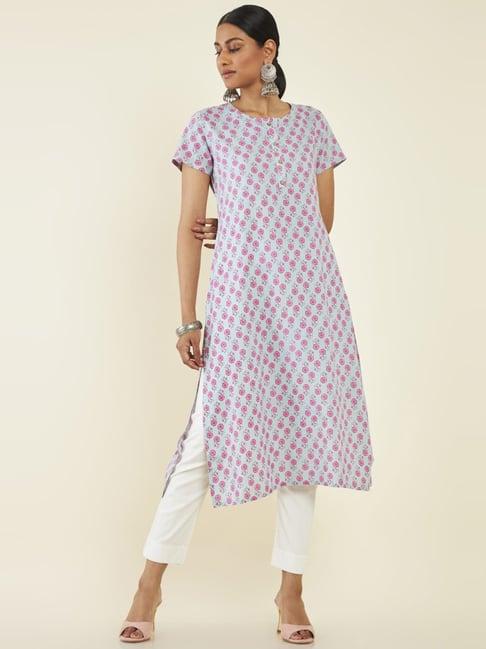 soch blue floral print straight kurta