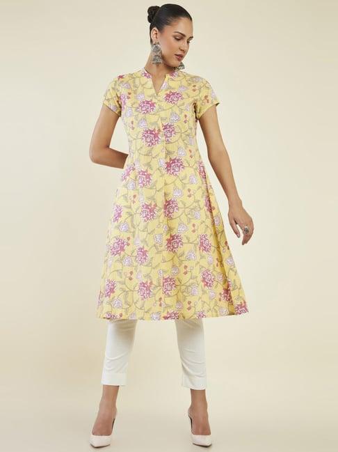 soch yellow cotton floral print a line kurta