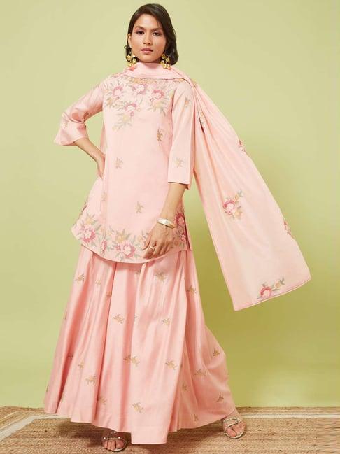 marigold lane peach embroidered kurti sharara set with dupatta