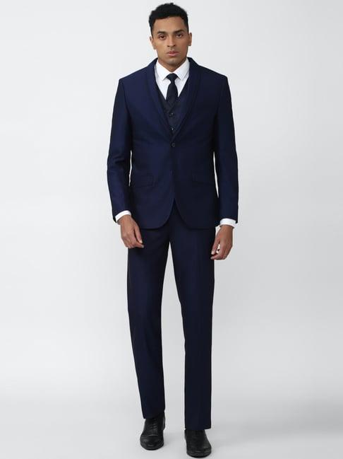 van heusen navy slim fit self pattern three piece suit