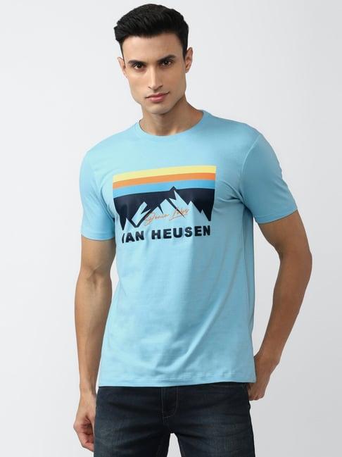 van heusen denim labs blue cotton regular fit printed t-shirt