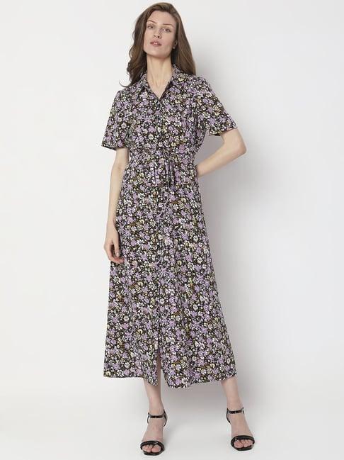 vero moda purple & black floral print a-line dress