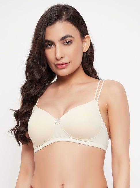 clovia beige striped full coverage padded t-shirt bra