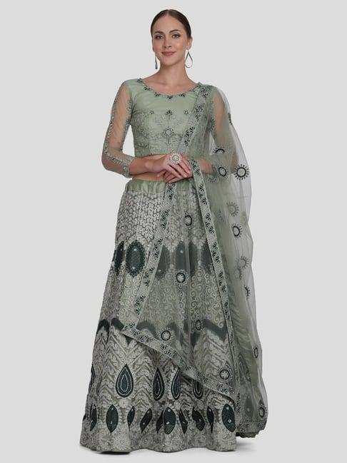 atsevam green embroidered semi-stitched lehenga choli set with dupatta