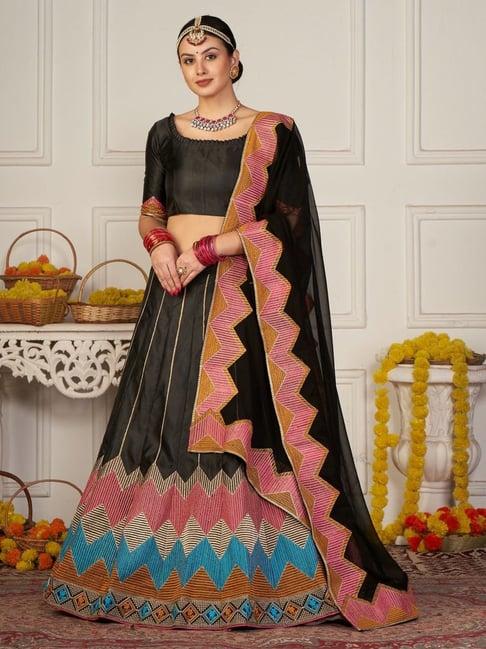 atsevam black embroidered semi-stitched lehenga choli set with dupatta