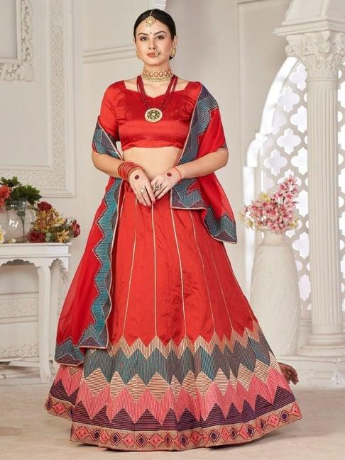 atsevam red embroidered semi-stitched lehenga choli set with dupatta