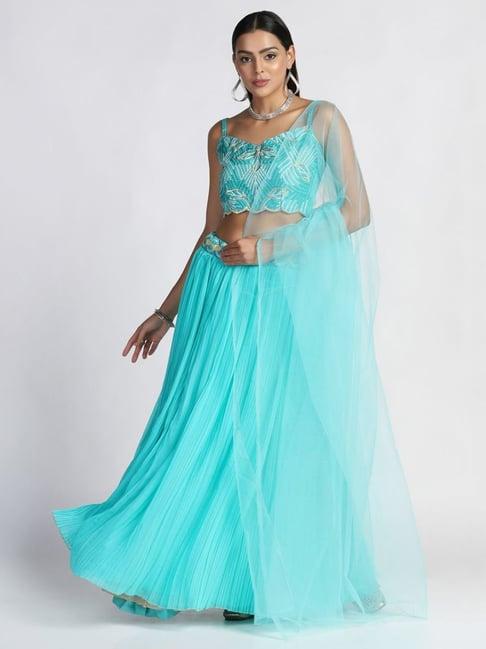 atsevam blue embroidered semi-stitched lehenga choli set with dupatta