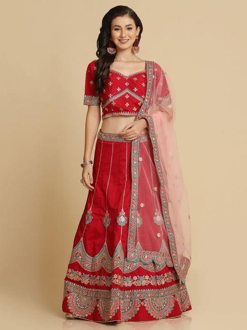 atsevam maroon embroidered semi-stitched lehenga choli set with dupatta