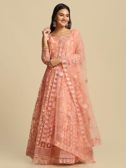 atsevam peach embroidered semi-stitched lehenga choli set with dupatta