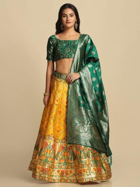 atsevam yellow & green woven pattern semi-stitched lehenga choli set with dupatta