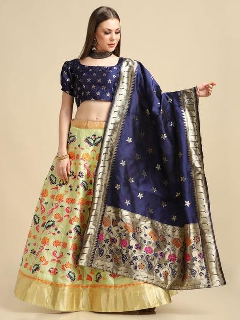 atsevam navy & green woven pattern semi-stitched lehenga choli set with dupatta