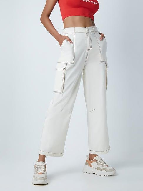 nuon by westside ecru cargo-style flared jeans