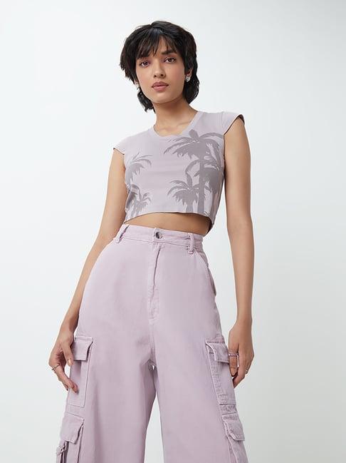 nuon by westside light purple printed crop top