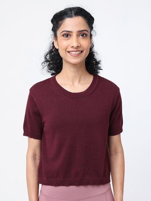 blissclub burgundy cotton relaxed fit crop top