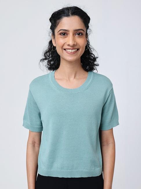 blissclub sky blue cotton relaxed fit crop top