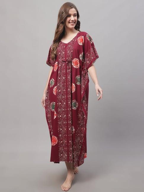 secret wish maroon cotton printed kaftan night dress