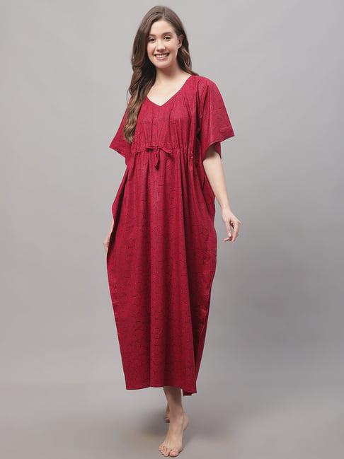 secret wish maroon cotton printed kaftan night dress