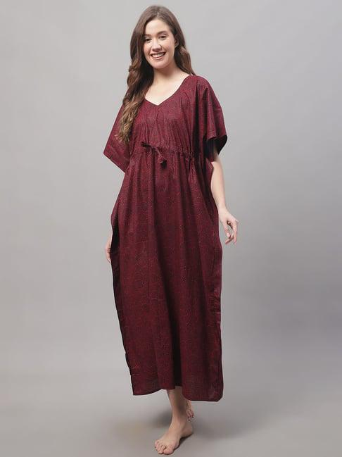 secret wish maroon & black cotton printed kaftan night dress