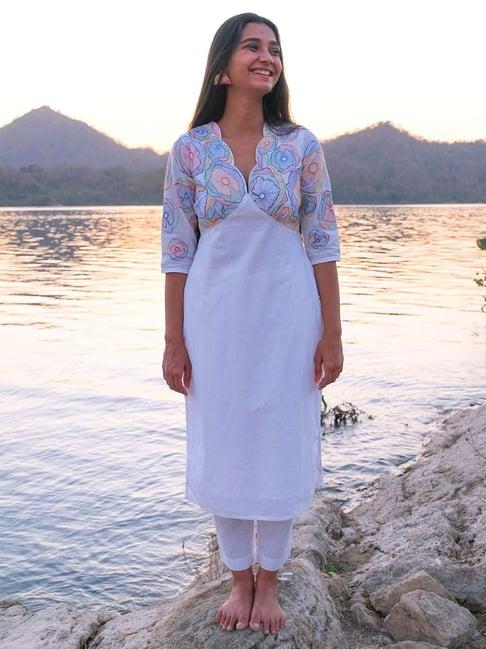 okhai swirl white pure cotton hand embroidered kurta pant set