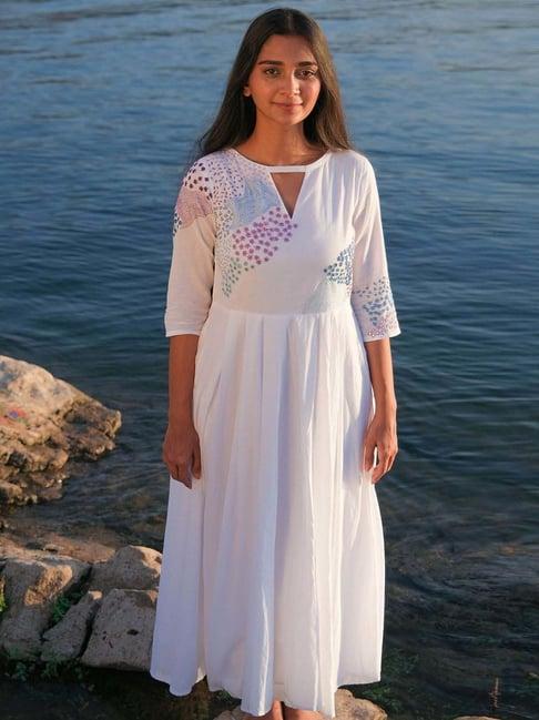 okhai confluence white pure cotton hand embroidered a-line dress