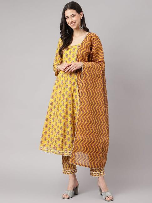 divena yellow cotton printed kurta pant set with dupatta