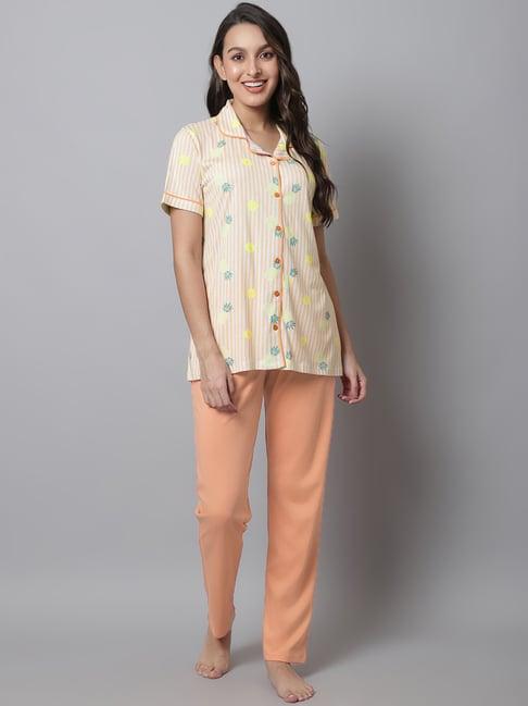 kanvin white & orange printed top pyjamas set