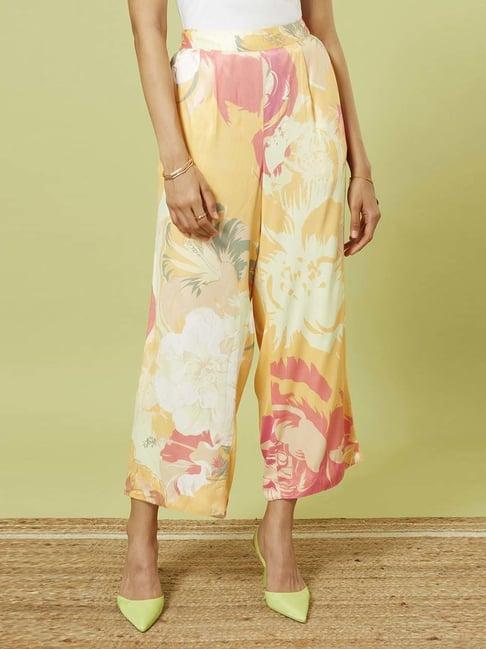 marigold lane yellow & pink floral print palazzos