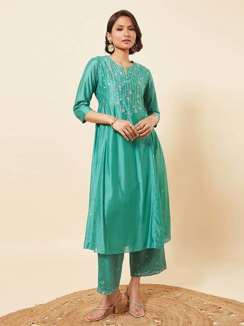 marigold lane sea green embroidered kurta palazzo set with dupatta