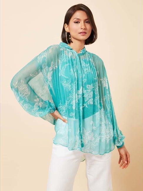 marigold lane aqua blue printed top