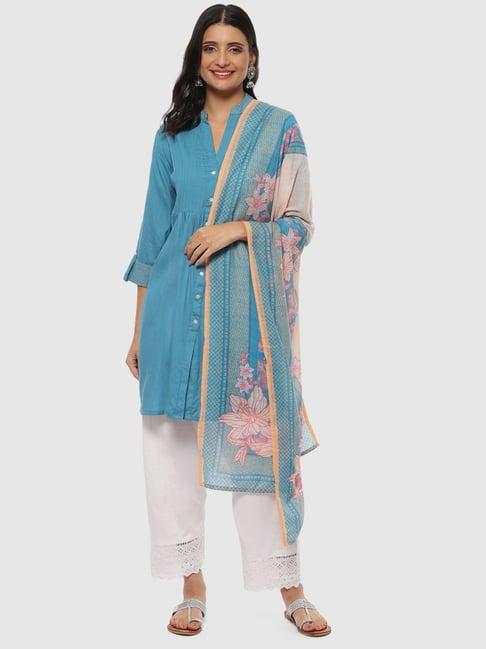 biba blue & white kurti pant set with dupatta