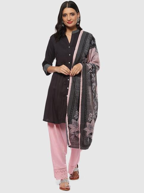 biba black & pink kurti pant set with dupatta