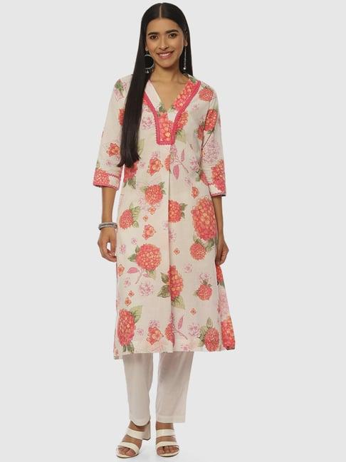 biba off-white cotton floral print kurti pant set