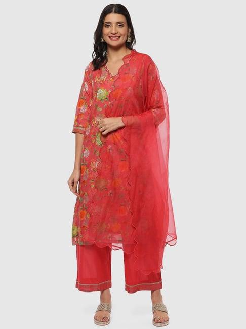 biba coral floral print kurti palazzo set with dupatta