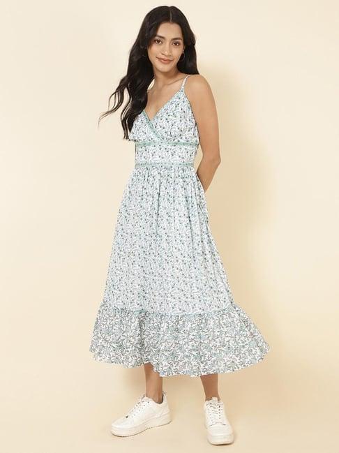 fabindia white cotton floral print a-line dress