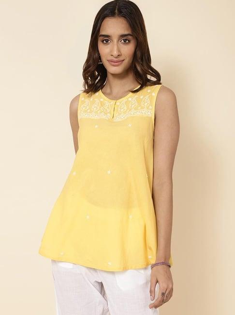 fabindia yellow cotton embroidered top